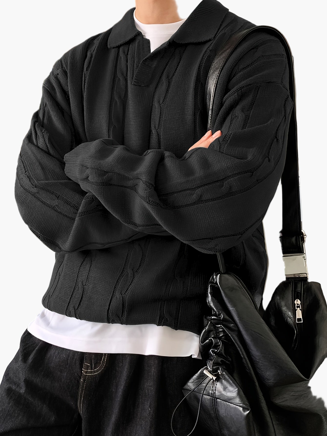 Pull polo décontracté homme style torsadé manches longues pour loisirs et sorties