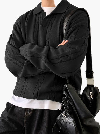 Pull polo décontracté homme style torsadé manches longues pour loisirs et sorties