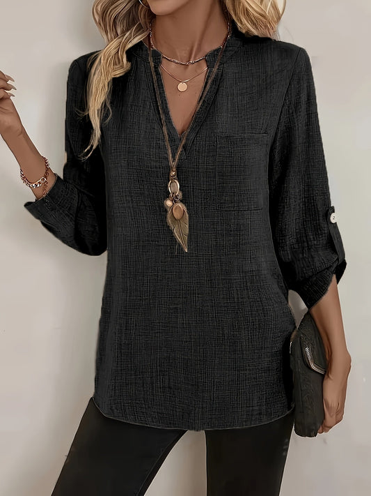 Blusa donna elegante casual con maniche lunghe e scollo a V per tutti i giorni o l'ufficio