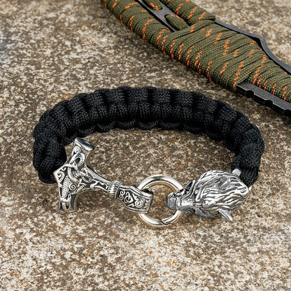 Thomas – Bracelet Viking en Paracorde avec Marteau de Thor et Fermoir Tête de Loup – Inspiré de la Mythologie Nordique