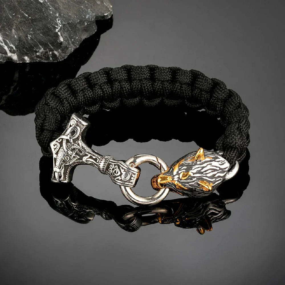 Thomas – Bracelet Viking en Paracorde avec Marteau de Thor et Fermoir Tête de Loup – Inspiré de la Mythologie Nordique