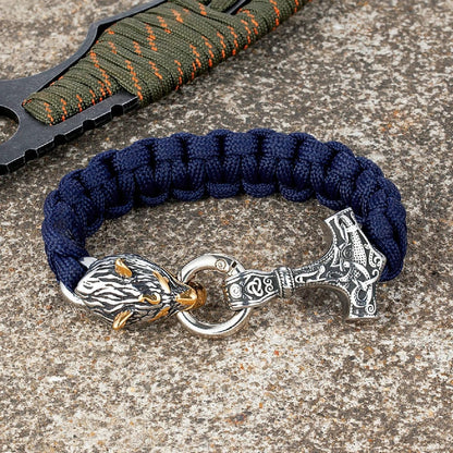 Thomas – Bracelet Viking en Paracorde avec Marteau de Thor et Fermoir Tête de Loup – Inspiré de la Mythologie Nordique