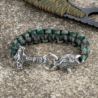 Thomas – Bracelet Viking en Paracorde avec Marteau de Thor et Fermoir Tête de Loup – Inspiré de la Mythologie Nordique