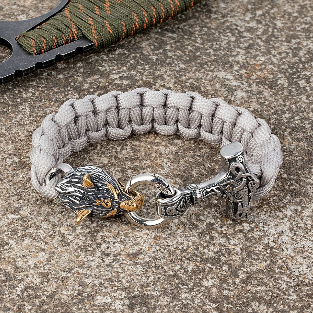 Thomas – Bracelet Viking en Paracorde avec Marteau de Thor et Fermoir Tête de Loup – Inspiré de la Mythologie Nordique