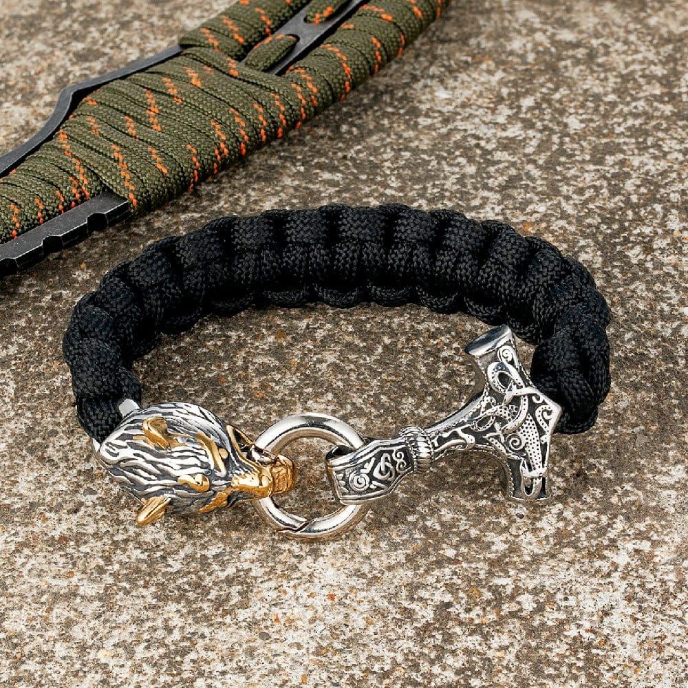 Thomas – Bracelet Viking en Paracorde avec Marteau de Thor et Fermoir Tête de Loup – Inspiré de la Mythologie Nordique