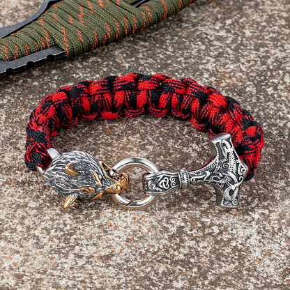 Thomas – Bracelet Viking en Paracorde avec Marteau de Thor et Fermoir Tête de Loup – Inspiré de la Mythologie Nordique