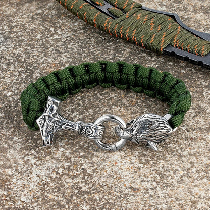 Thomas – Bracelet Viking en Paracorde avec Marteau de Thor et Fermoir Tête de Loup – Inspiré de la Mythologie Nordique