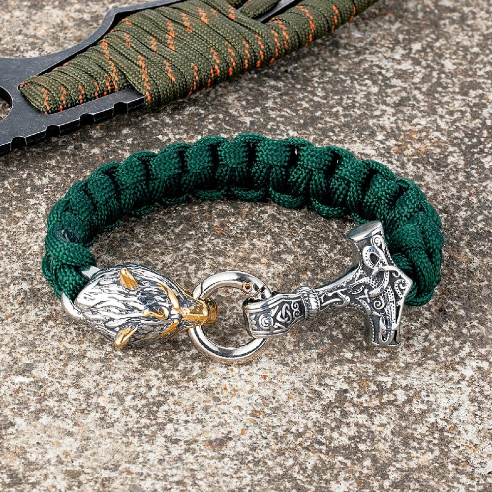 Thomas – Bracelet Viking en Paracorde avec Marteau de Thor et Fermoir Tête de Loup – Inspiré de la Mythologie Nordique