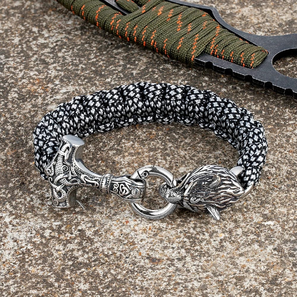 Thomas – Bracelet Viking en Paracorde avec Marteau de Thor et Fermoir Tête de Loup – Inspiré de la Mythologie Nordique