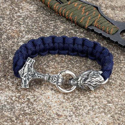 Thomas – Bracelet Viking en Paracorde avec Marteau de Thor et Fermoir Tête de Loup – Inspiré de la Mythologie Nordique