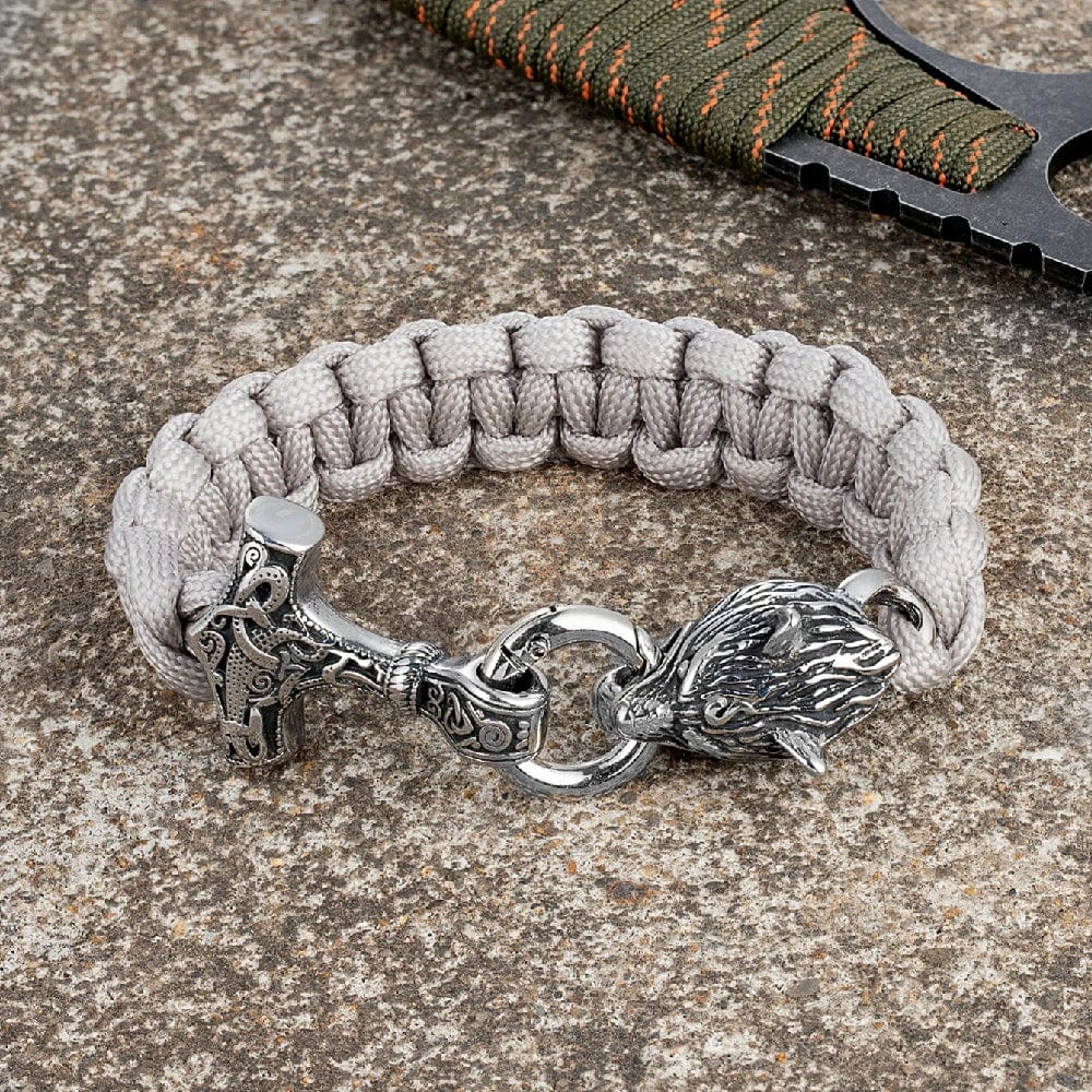 Thomas – Bracelet Viking en Paracorde avec Marteau de Thor et Fermoir Tête de Loup – Inspiré de la Mythologie Nordique