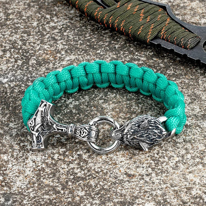 Thomas – Bracelet Viking en Paracorde avec Marteau de Thor et Fermoir Tête de Loup – Inspiré de la Mythologie Nordique