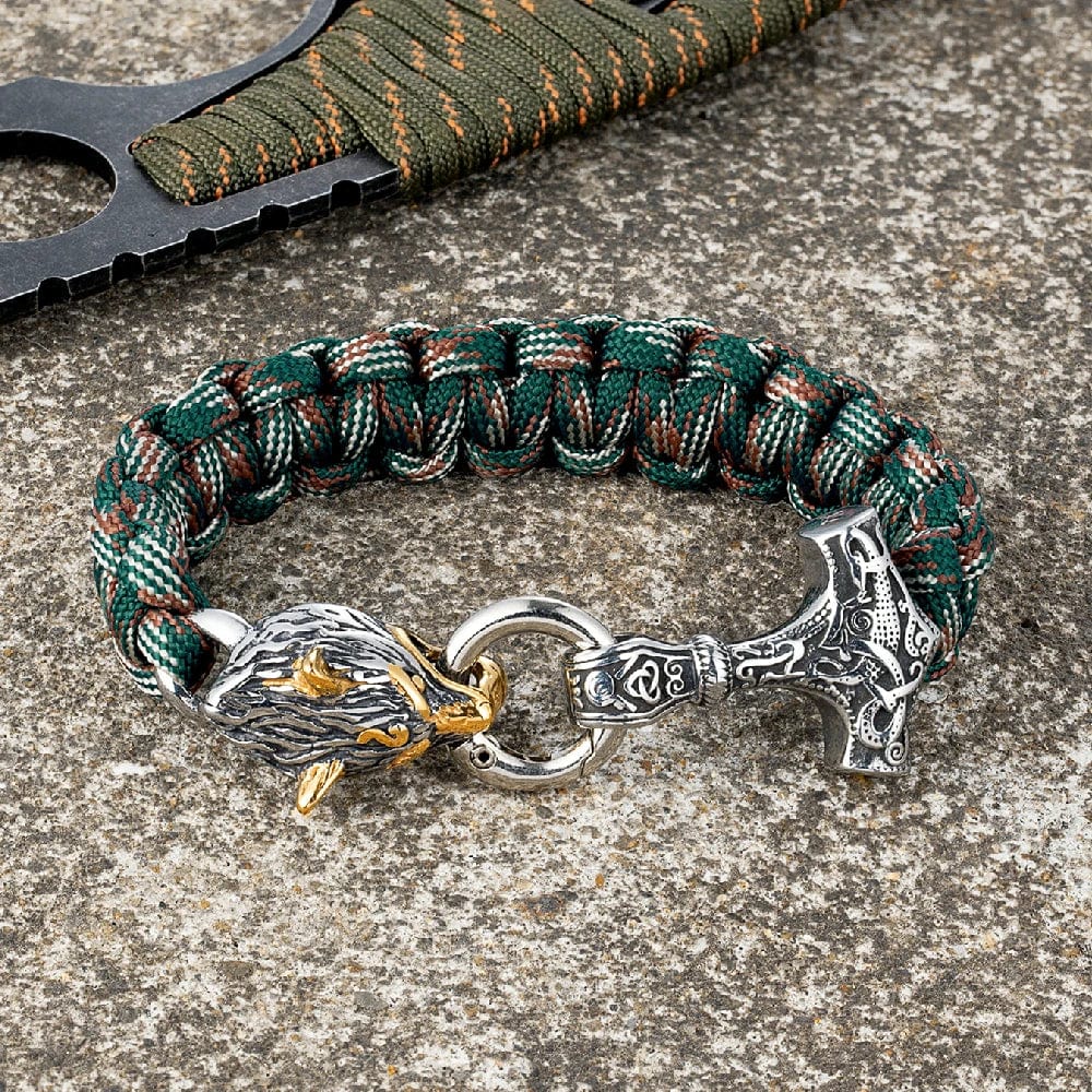 Thomas – Bracelet Viking en Paracorde avec Marteau de Thor et Fermoir Tête de Loup – Inspiré de la Mythologie Nordique