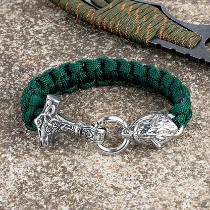 Thomas – Bracelet Viking en Paracorde avec Marteau de Thor et Fermoir Tête de Loup – Inspiré de la Mythologie Nordique