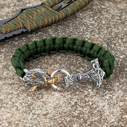 Thomas – Bracelet Viking en Paracorde avec Marteau de Thor et Fermoir Tête de Loup – Inspiré de la Mythologie Nordique