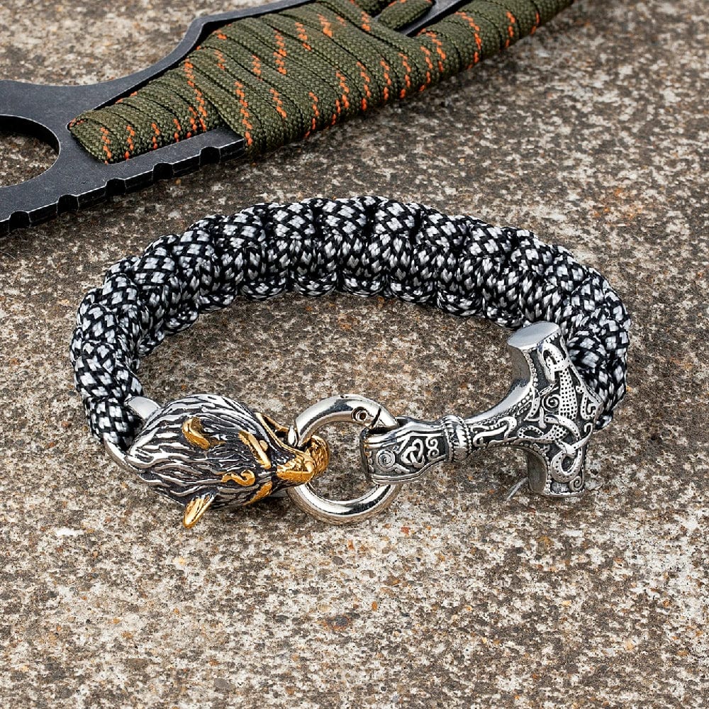 Thomas – Bracelet Viking en Paracorde avec Marteau de Thor et Fermoir Tête de Loup – Inspiré de la Mythologie Nordique