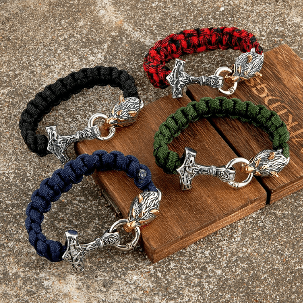 Thomas – Bracelet Viking en Paracorde avec Marteau de Thor et Fermoir Tête de Loup – Inspiré de la Mythologie Nordique