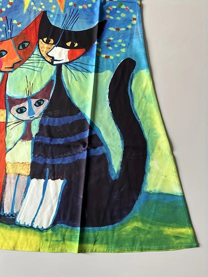 Robe décontractée femme style vintage motif artistique chats et soleil – idéale pour l'été et le printemps
