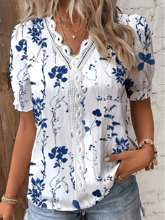 Blusa Donna Stile Boho Chic con Stampa Floreale e Pizzo – Ideale per Primavera ed Estate