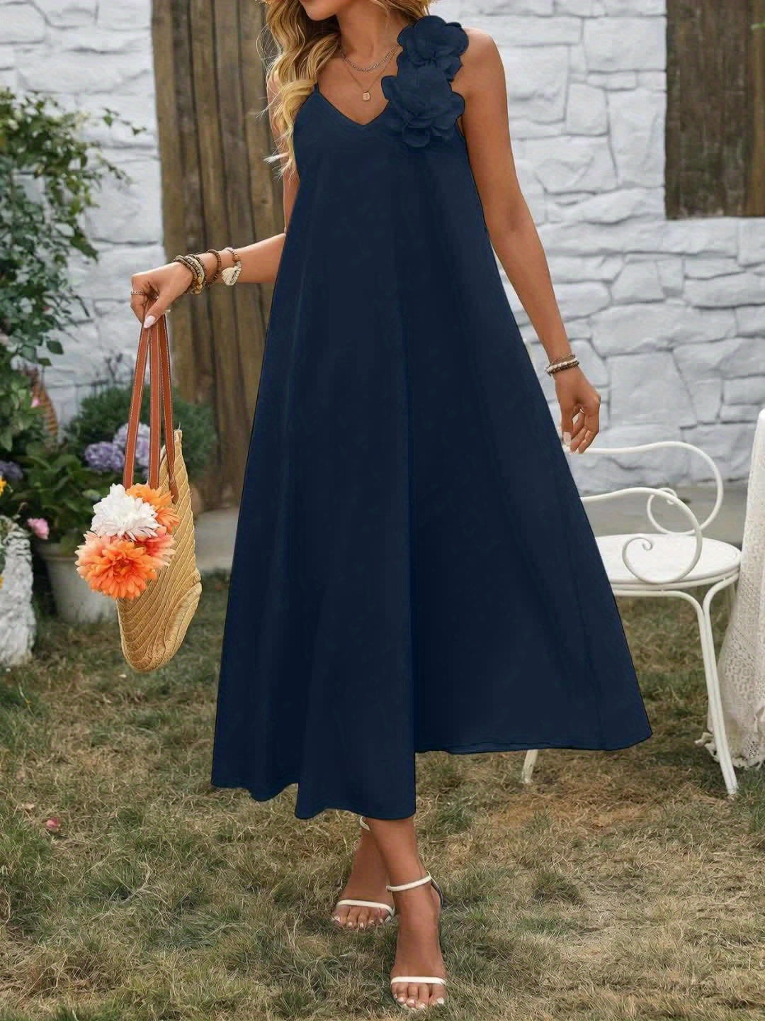 Robe élégante femme style bohème à fleurs 3D épaules, décontractée pour printemps et été