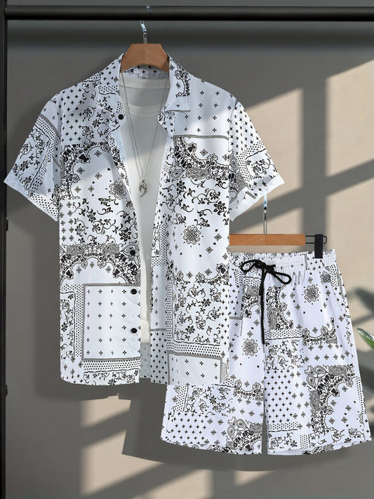 Men's bandana print shirt and shorts set, casual summer style