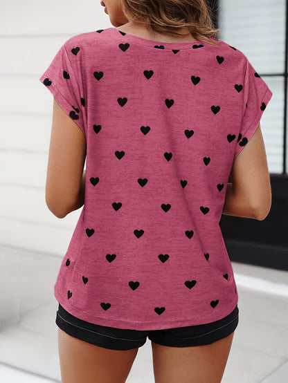 Elegant women's T-shirt with heart print, V-neck, summer chic style