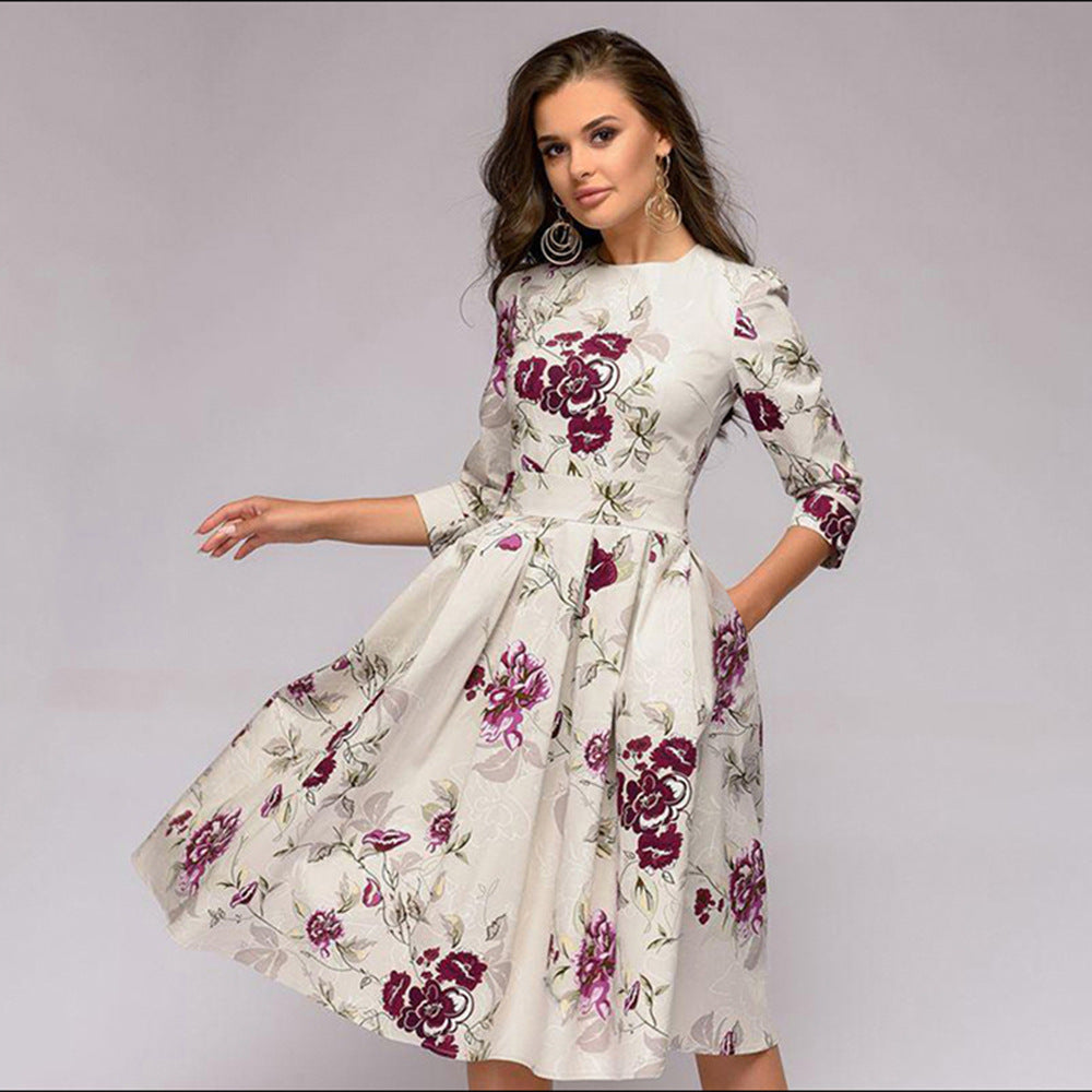 Robe femme élégante à fleurs style rétro mi-longue pour occasions spéciales