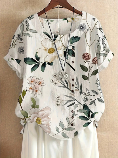 Bluzka damska w stylu vintage z nadrukiem kwiatowym i guzikami – Swobodna elegancja na lato