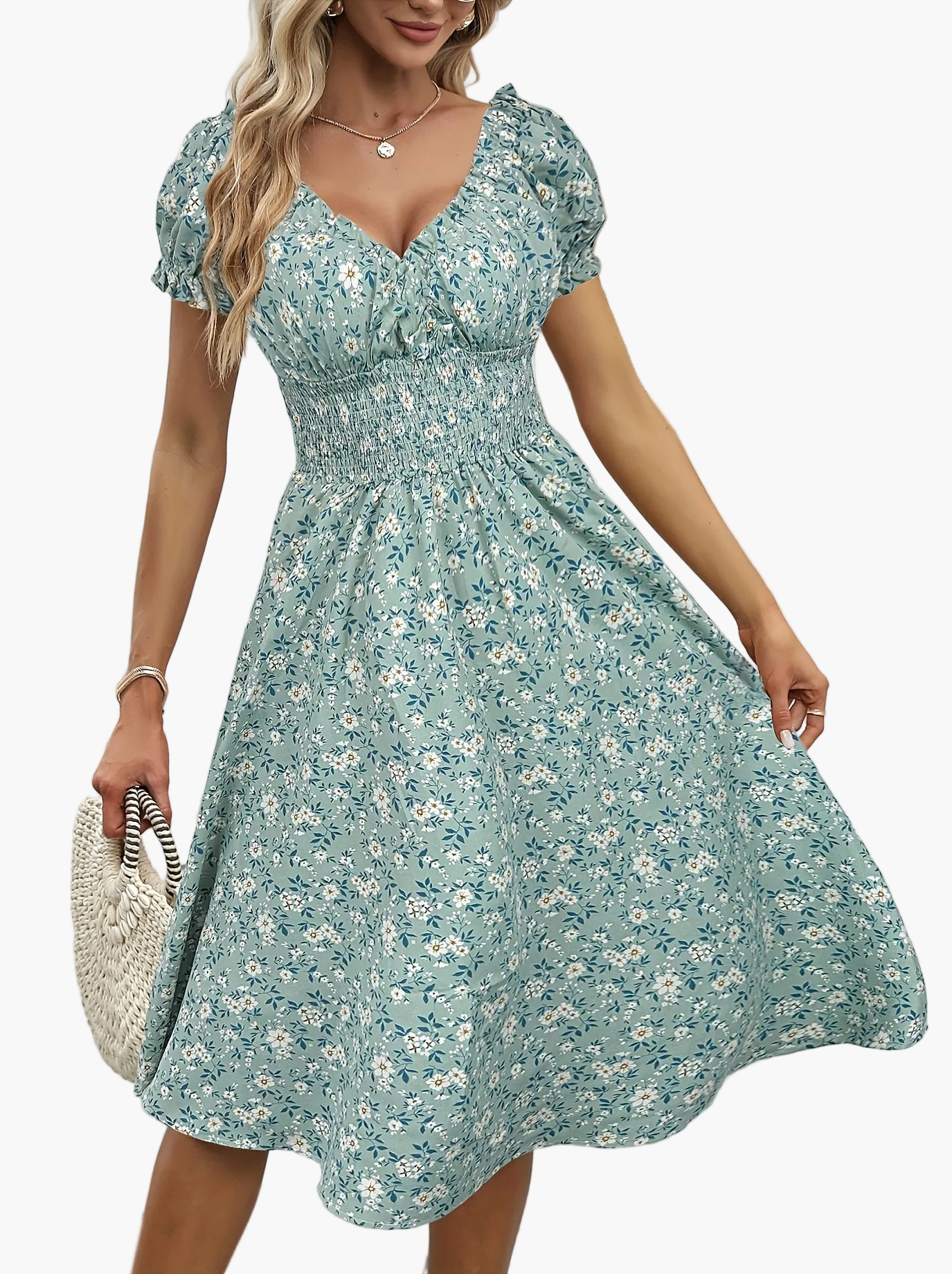 Robe d'été élégante femme style bohème à manches courtes motif fleuri, usage quotidien et sorties