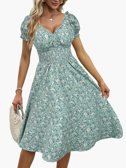 Robe d'été élégante femme style bohème à manches courtes motif fleuri, usage quotidien et sorties