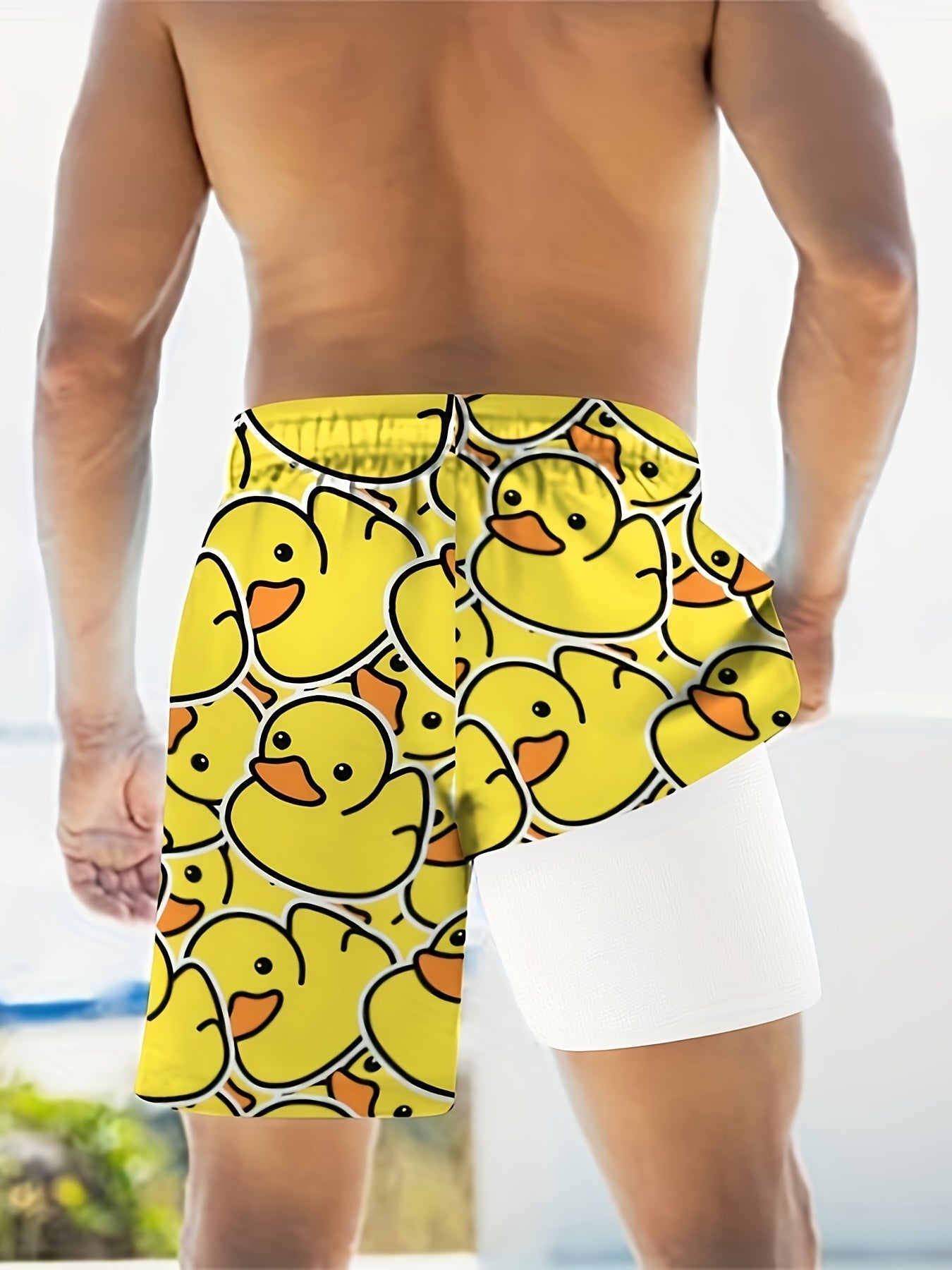 Short de bain homme motif canard jaune style amusant pour piscine et plage