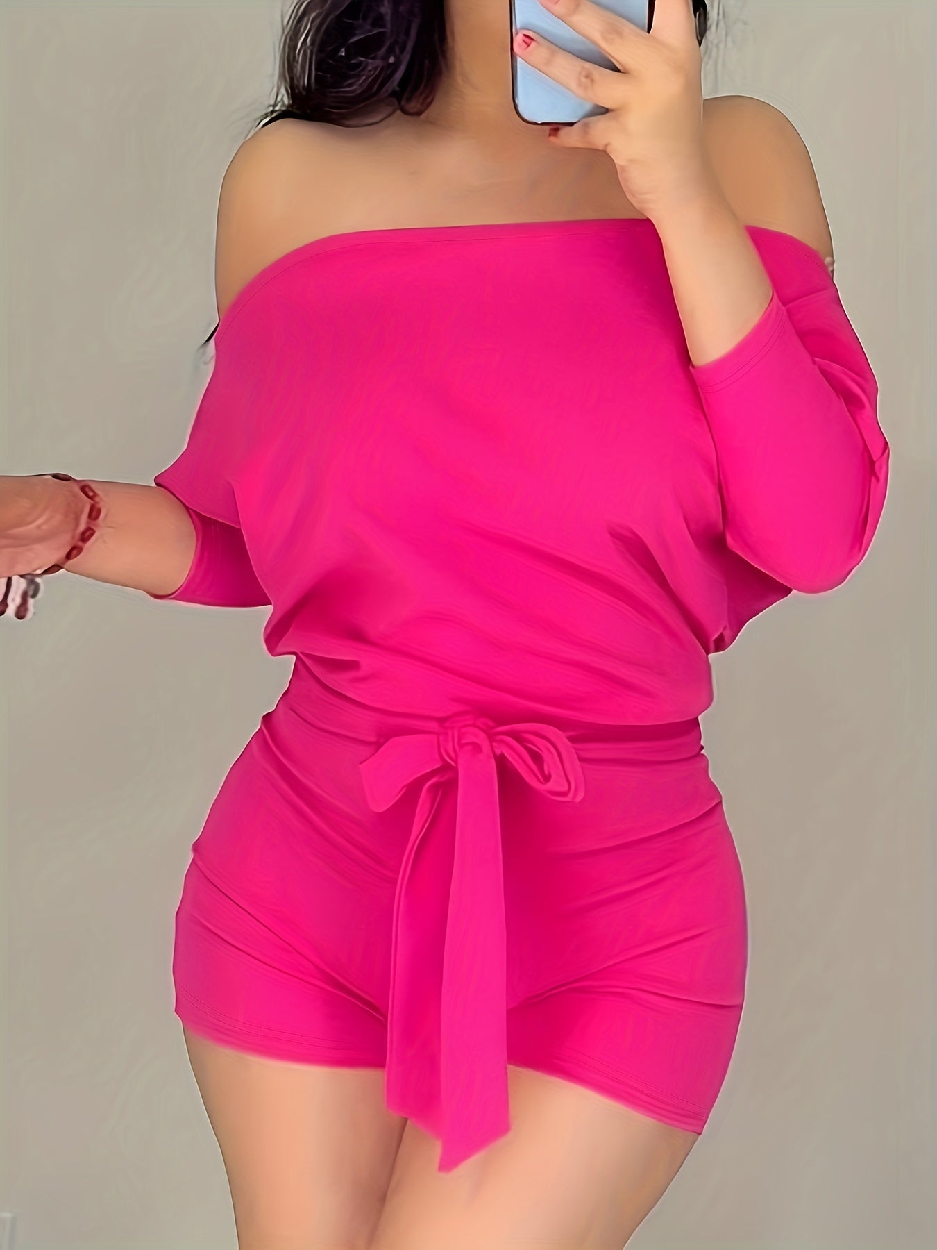 Avslappnad kort jumpsuit för kvinnor i Bardot-stil med långa ärmar för sommaren