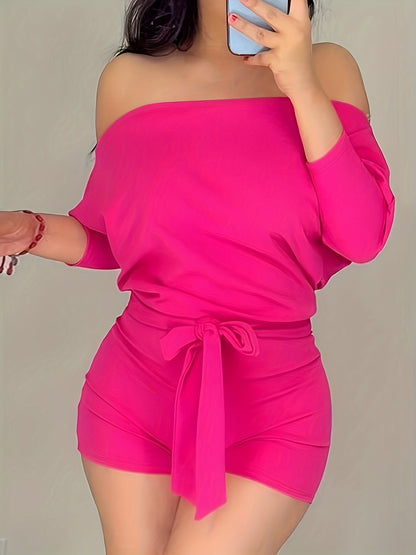 Avslappnad kort jumpsuit för kvinnor i Bardot-stil med långa ärmar för sommaren