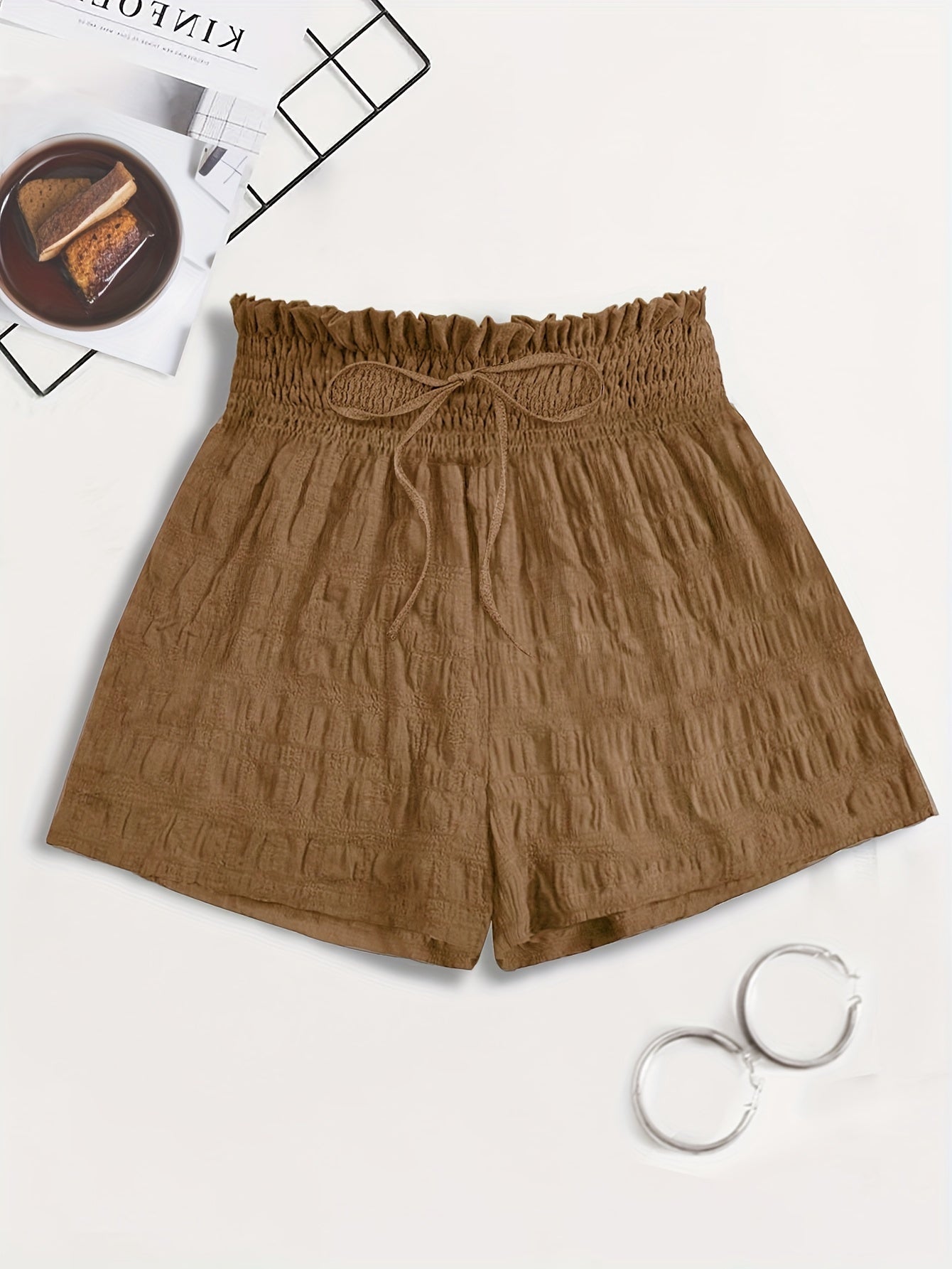 Short ample taille haute à smocks pour femme, style décontracté été