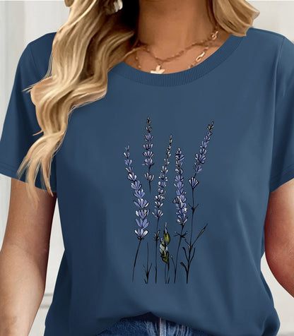 T-shirt Femme Style Décontracté avec Motif Fleurs Sauvages Illustration Botanique