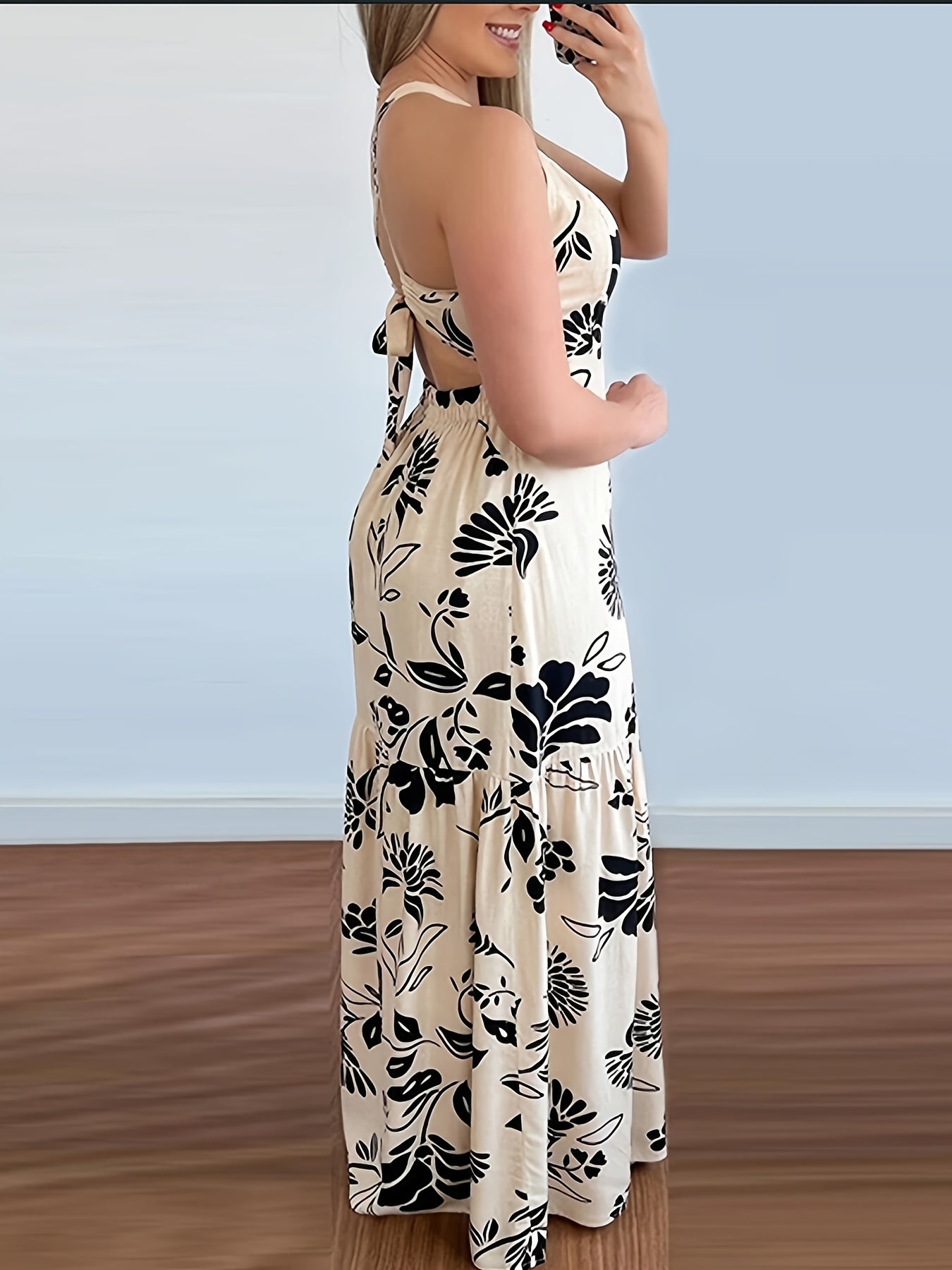Elegant lang kjole med blomsterprint til kvinder, strandstil, åben ryg, slids, forår/sommer