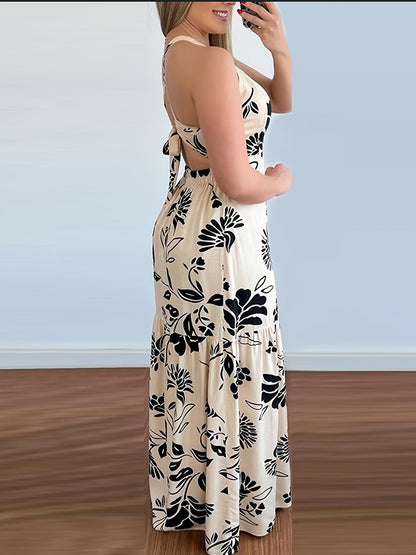 Elegant lang kjole med blomsterprint til kvinder, strandstil, åben ryg, slids, forår/sommer