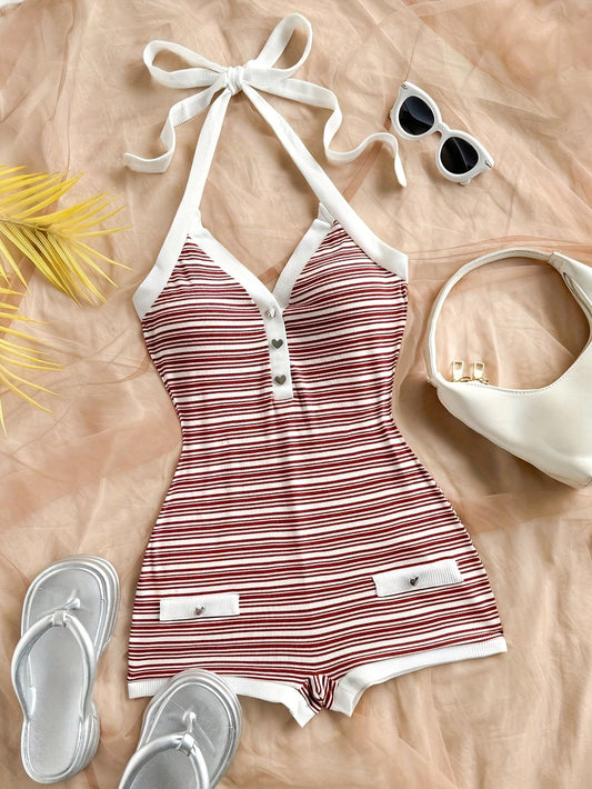 Women's retro chic striped summer short jumpsuit for leisure and beach