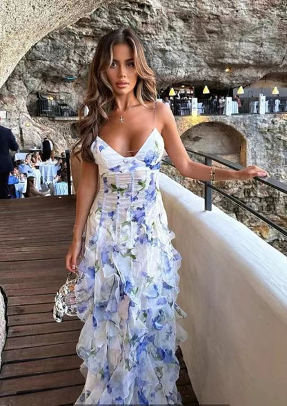 Robe longue femme style féérique élégante à imprimé floral pour soirées et événements