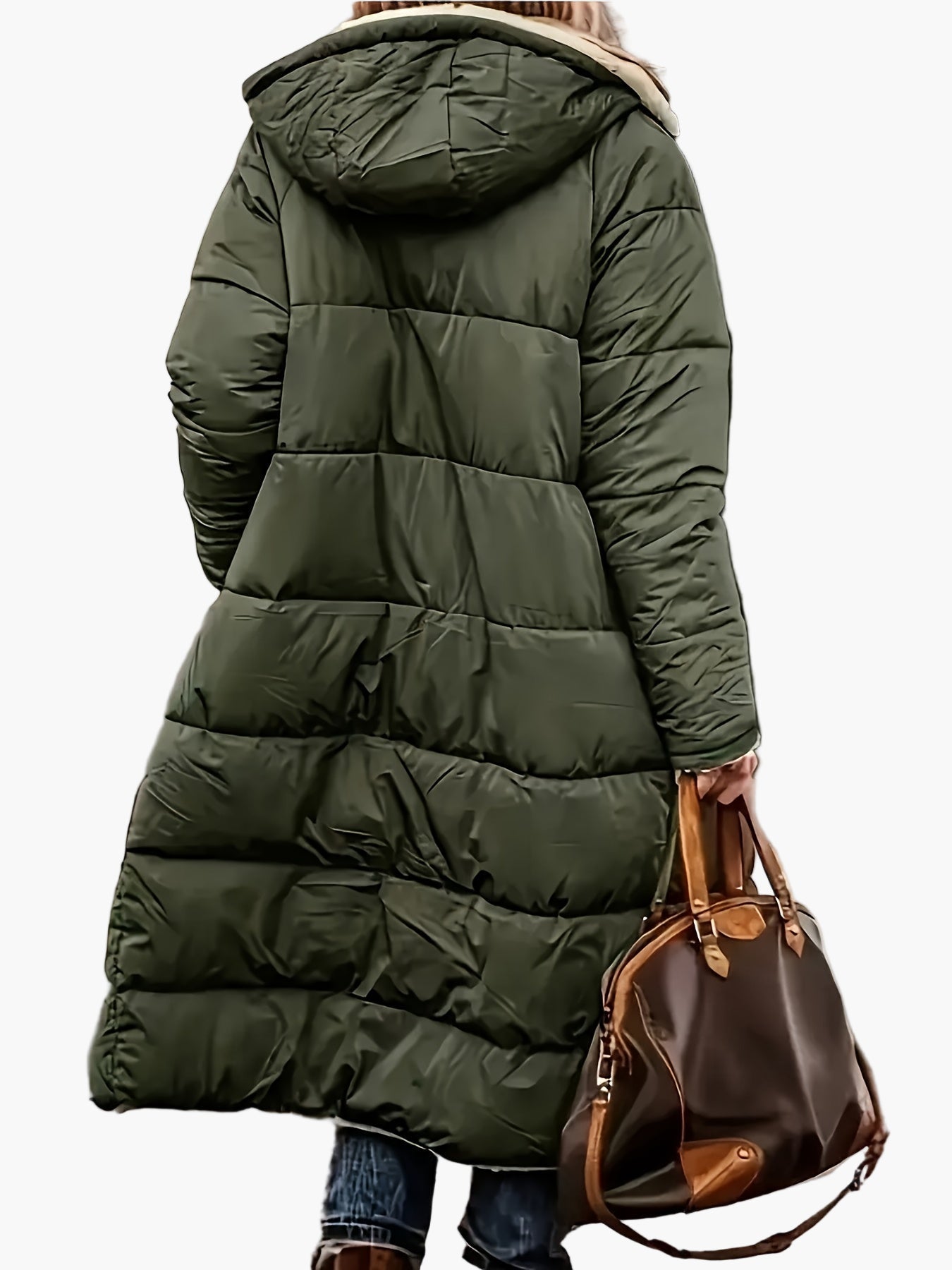 Manteau long d'hiver femme style décontracté avec capuche et doublure chaude, idéal pour les voyages et le quotidien