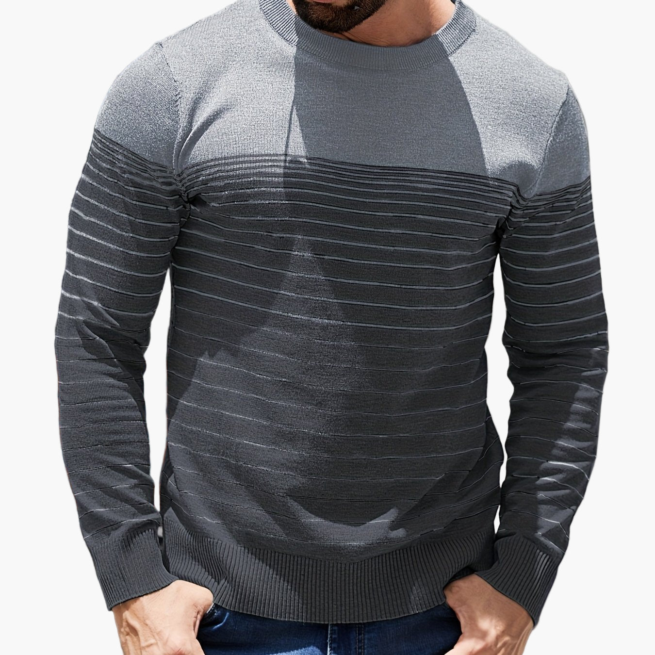 Pull à rayures pour homme style casual – Manches longues, col rond, idéal pour le printemps et l'automne