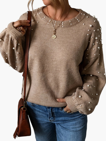 Pull femme élégant à perles style décontracté manches longues