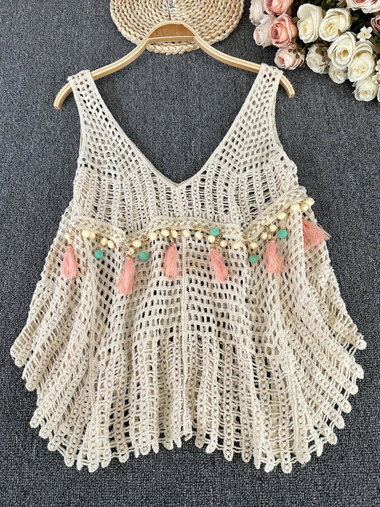 Top bohème femme à col V profond, style crochet ample, idéal été et plage