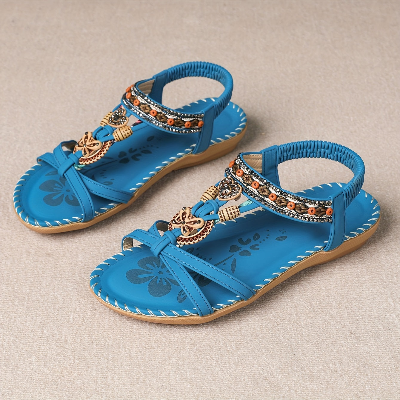 Women's Bohemian Slip-On Sandals with Ornaments and Ankle Strap - Casual Chic Style