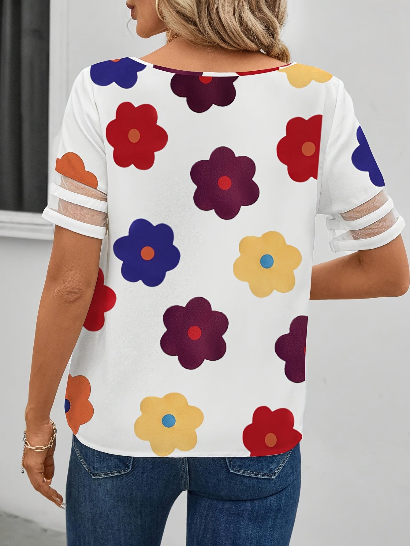 Blouse Femme Élégante à Motifs Fleurs Rétro Col Asymétrique Manches Courtes - Style Décontracté Chic