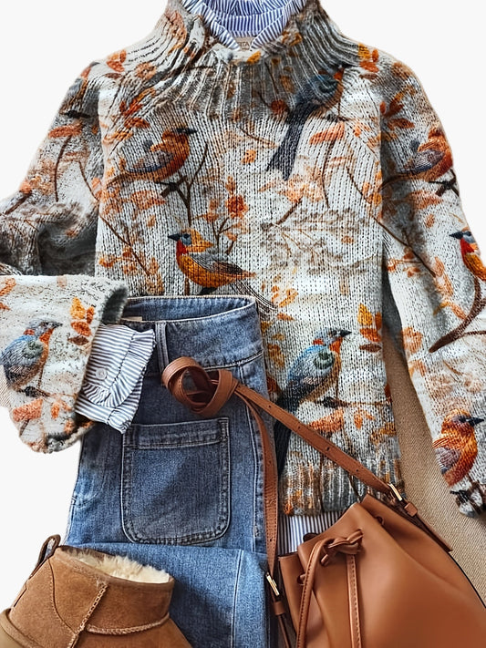 Pull Femme Style Élégant Imprimé Oiseaux Col Montant pour Automne Hiver