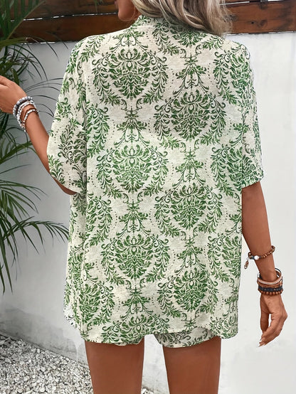 Completo Casual Donna Stile Bohemien 2 Pezzi Giacca Kimono e Pantaloncini con Motivo Floreale Estate