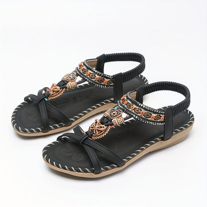 Women's Bohemian Slip-On Sandals with Ornaments and Ankle Strap - Casual Chic Style