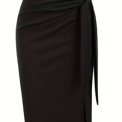 Jupe crayon élégante femme nouée à la taille, fente latérale, style bureau ou soirée