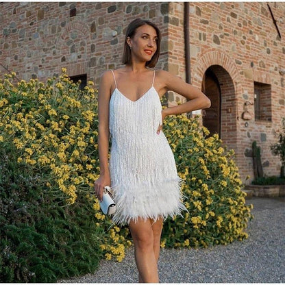 Robe Femme Style Charleston Années 20 à Franges et Plumes pour Soirée et Cocktail